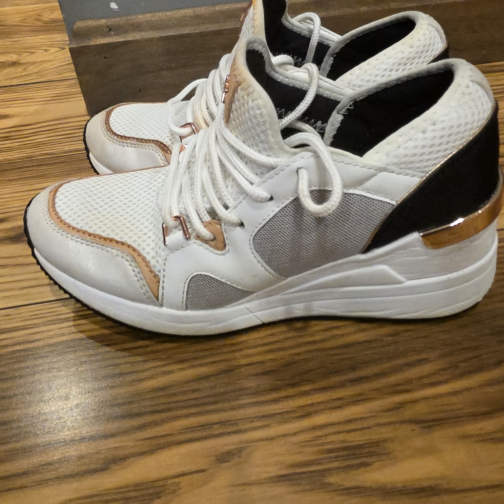 Michael Kors White Athletic Wedge Sneakers with Rose Gold Accents